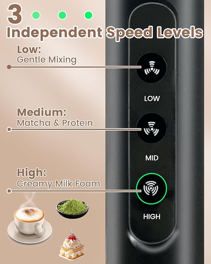 Electric Handheld Milk Frother Wand Rechargeable, 3-Speed Preventing Splashing Drink Mixer with Stand, 10-Second Frothing for Coffee, Matcha, Latte, Cappuccino, and Protein Shakes, Black