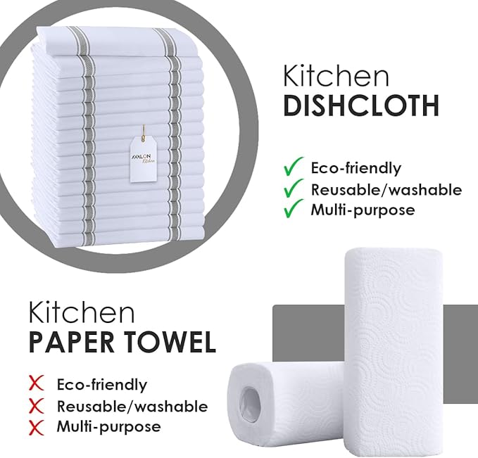 Avalon Kitchen Dish Towels Set (Value Pack of 15) Size 15x25 Inch, 100% Cotton Soft & Absorbent Kitchen Towels, Tea Towels, Reusable Cleaning Cloths for Household Cleaning (Grey)
