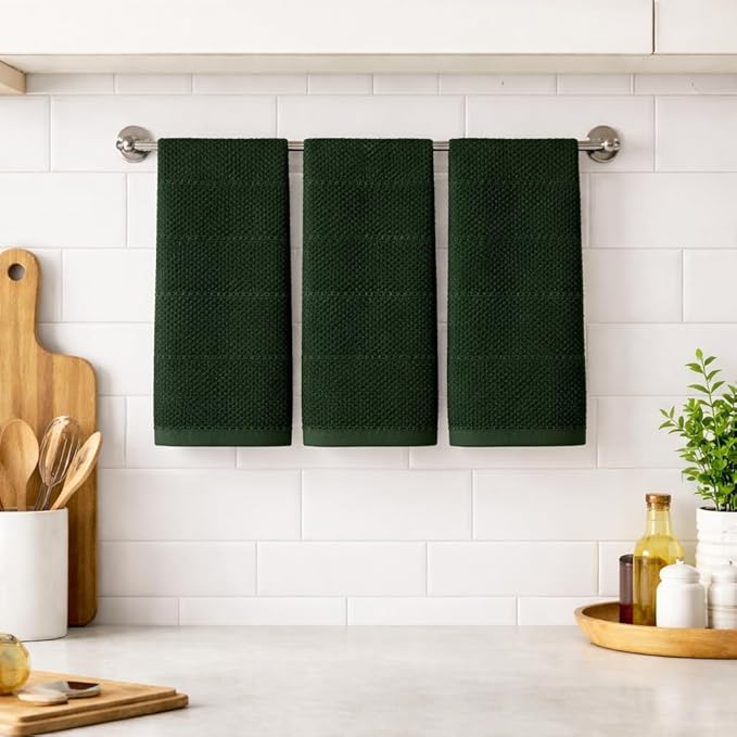 Serafina Home Dark Green Kitchen Dish Towels: 100% Cotton Cloth Soft Cleaning Drying Absorbent Textured Terry Loop, Set of 3 Multipurpose for Everyday Use