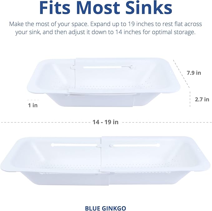 BLUE GINKGO Over the Sink Colander Strainer Basket - Wash Vegetables and Fruits, Drain Cooked Pasta and Dry Dishes - Extendable - New Home Kitchen Essentials (White, 2 Pack)