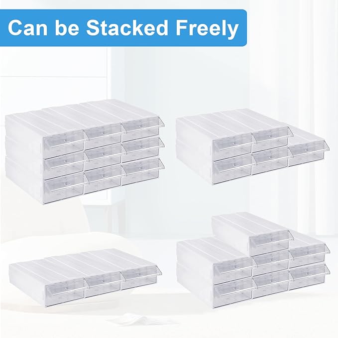 9 Pcs Drawer Stacking Storage Cabinet with 18 Pcs Clear Dividers Organizer Rack & 9 Pcs Tag Card, Plastic Stacking Storage-in-Drawer Cabinet for Home Office Small Items
