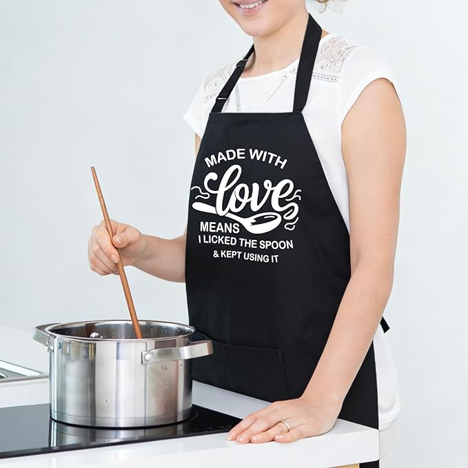 Black Baking Aprons for Women, Adjustable Cooking Baking Kitchen Aprons for Mom Chef with Pockets