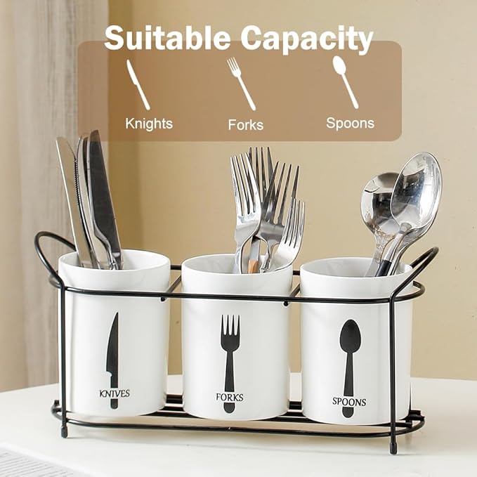 3-Piece White Ceramic Silverware Holder for Party Countertop, Utensil Holder with Black Metal Rack Flatware Caddy Cutlery Storage Organizer for Kitchen Table (White+Black B)