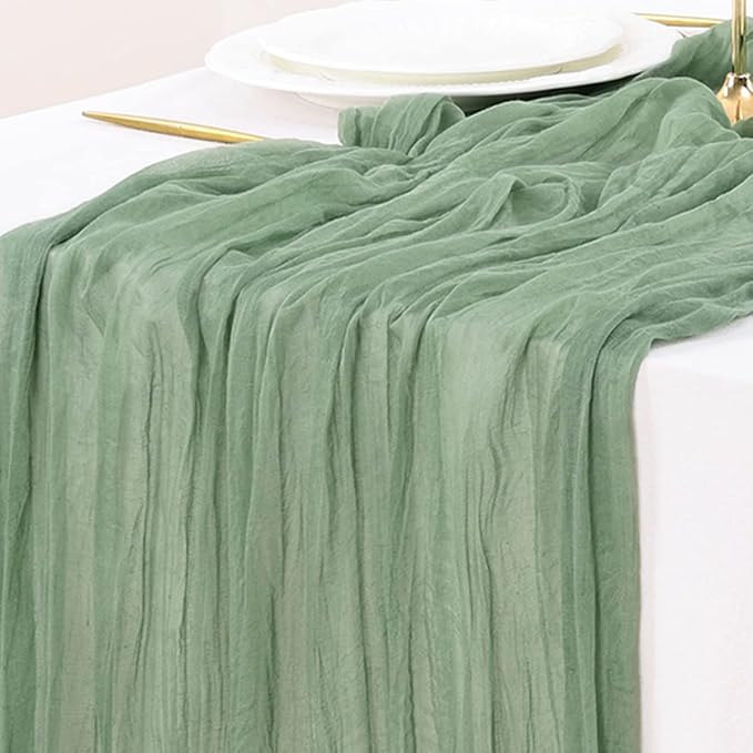 Socomi 2pcs Sage Green Cheesecloth Table Runner Easter Spring Boho Rustic Gauze 120 inch 10FT Cheese Cloth Runner for Wedding Party Baby Shower Home Decor Holiday Decorations