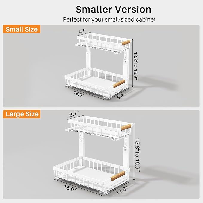 PXRACK Under Sink Organizer, Adjustable Height, 2 Tier Pull Out Under Cabinet Organizer, Slide Out Thickened Metal Under Sink Storage for Kitchen Bathroom Laundry Pantry Cabinet, White, Small-1-Pack