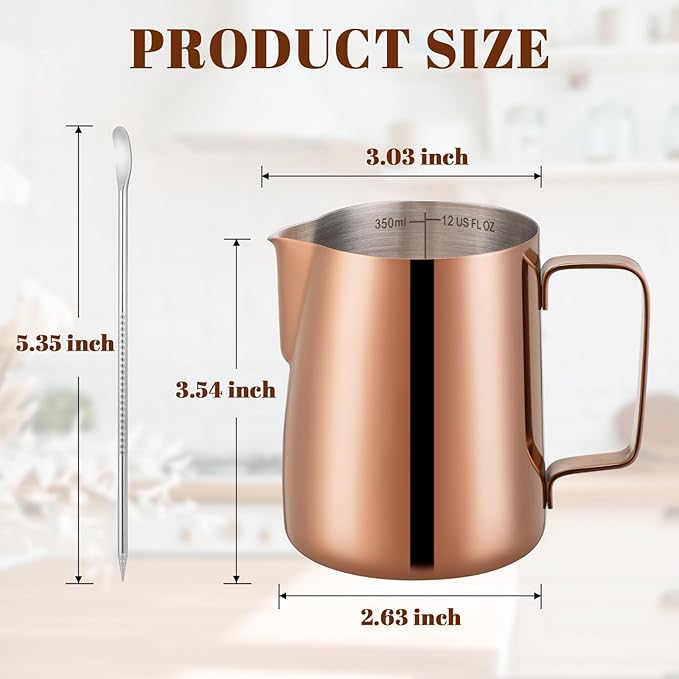 Amrules Milk Frothing Pitcher, 12 oz Milk Frother Cup with Clear Scale, 304 Stainless Steel Cappuccino Espresso Machine Accessories for Barista Coffee Bar with Latte Art Pen, Rose Gold