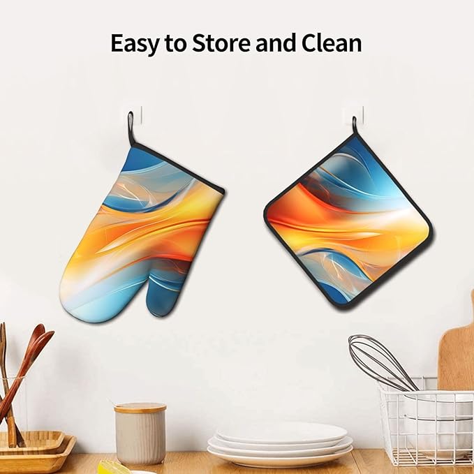 Burnt Orange Blue Abstract Fluid Oven Mitts and Pot Holders Sets of 3, Heat Resistant Non-Slip Boho Modern Kitchen Gloves Gift for Cooking Lover, Stylish Kitchen Decor for Baking BBQ Cooking Grilling