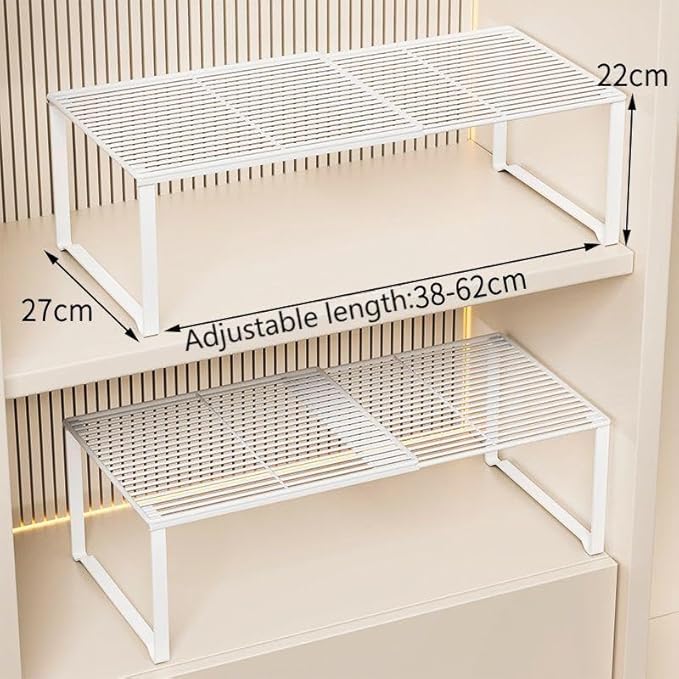 Extendable Metal Wire Shelf Organizer - Adjustable 15-24.4in Length, Stackable Storage Rack for Kitchen/Pantry/Bathroom/Shoe Cabinet/Tool Closet (4, White)