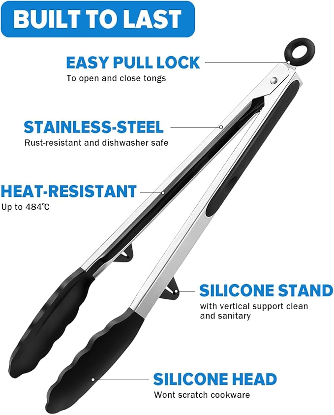 Kitchen Tongs for Cooking, Non Scratch Silicone Tip for Nonstick Cooking Pans, Food Grade Mini Serving Tongs, Pull Lock, Set of 3, Black (BLack, 12 inch)