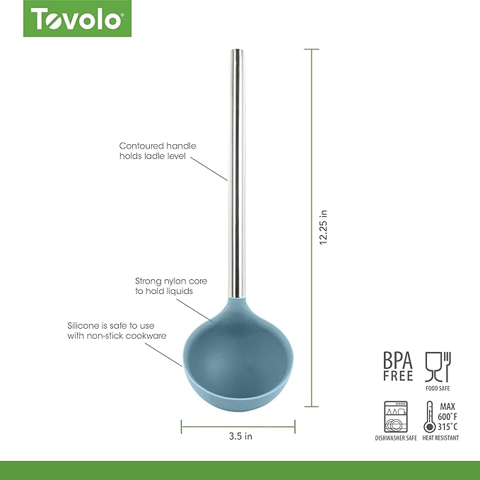 Tovolo Silicone Ladle with Stainless Steel Handle Blue Slate Soup Ladle Large, Dishwasher Safe Heat Resistant BPA Silicone Ladle Deep Spoon with Reinforced Nylon Core for Soup, Stew, Sauce & Punch
