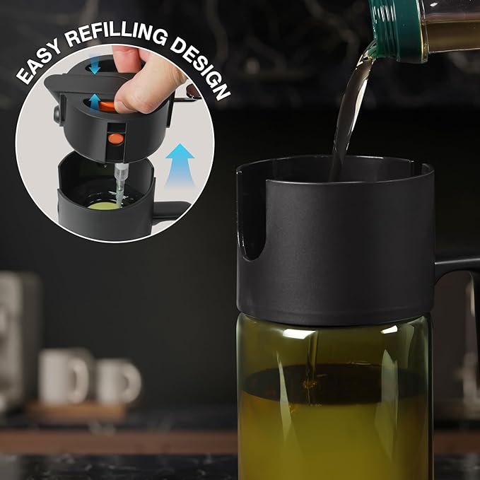2-IN-1 500ml/17oz Light-Blocking Dark Oil Sprayer for Cooking with Sticker, Dark Green Glass Olive Oil Dispenser Bottle for Kitchen, Even Spray with Portion Control, Perfect for Air Fryer, BBQ - Black