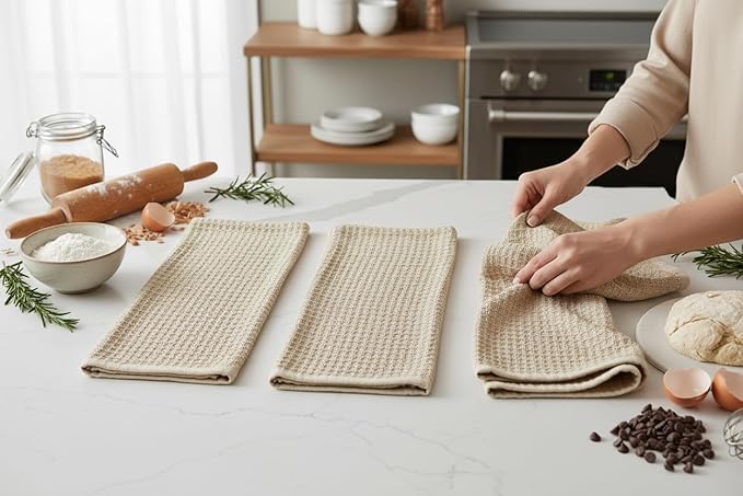 Serafina Home Tan Beige Kitchen Dish Hand Towels 100% Cotton Waffle Cloth Soft Cleaning Drying Absorbent Terry Box Loop: Set of 3 Multipurpose for Everyday Use Oversized 16" x 28"