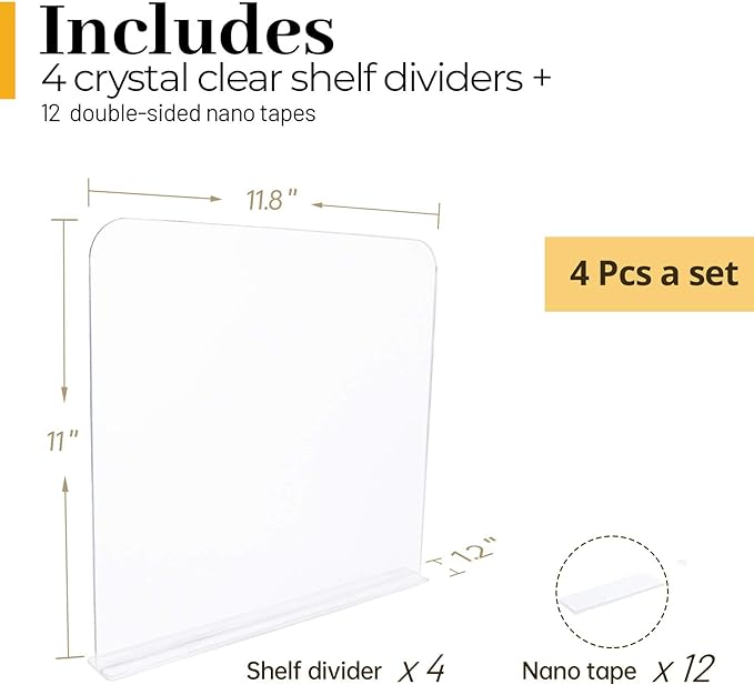 ROUFA 4Pcs Clear Acrylic Shelf Dividers, Adjustable Closet Organizer Fit for Any Thickness of Shelves, Multi-Purpose Wood Shelf Separators for Bedroom, Kitchen, Office, Bathroom, 11.8''x11''