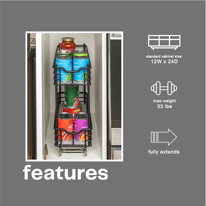 Household Essentials Glidez Multipurpose Paint-Finished Steel Pull-Out/Slide-Out Storage Organizer with Plastic Liners for Under Cabinet Use - 2-Tier Design, Black