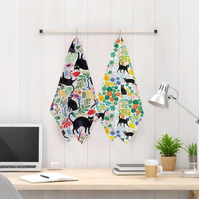 2Pcs Cat Kitchen Towels, Cats Floral Absorbent Tea Towel Decorative Dish Hand Towels Cat Lover Gifts for Cleaning Drying Cats Owners Women Mom Housewarming Gifts 14 x 24 Inch Kitchen Home Decor-2