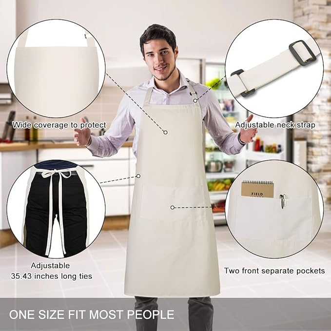 Jubatus 2 Pack 100% Cotton Aprons with 2 Pockets Cooking Chef Kitchen Adjustable Bib Apron for Women Men, Beige