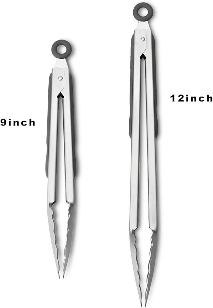 Premium 304 Stainless Steel Tongs Set – 12" Grill Tongs & 9" Cooking Tongs, Heat Resistant up to 600°F, Wavy Grip Head, Non‑Slip Handle with Locking Clip & Hanging Loop, Dishwasher Safe, Grey