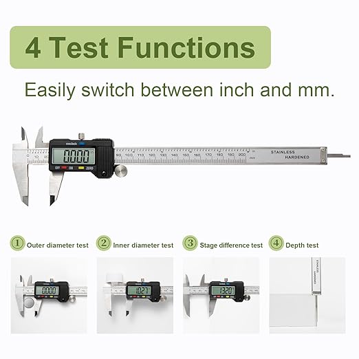 Digital Caliper 0-8" Measuring Tool with Metal Ruler, Micrometer Caliper with Auto-Off Feature, Interchangeable Between inches and millimeters for DIY/Household and 3D Printing, Black