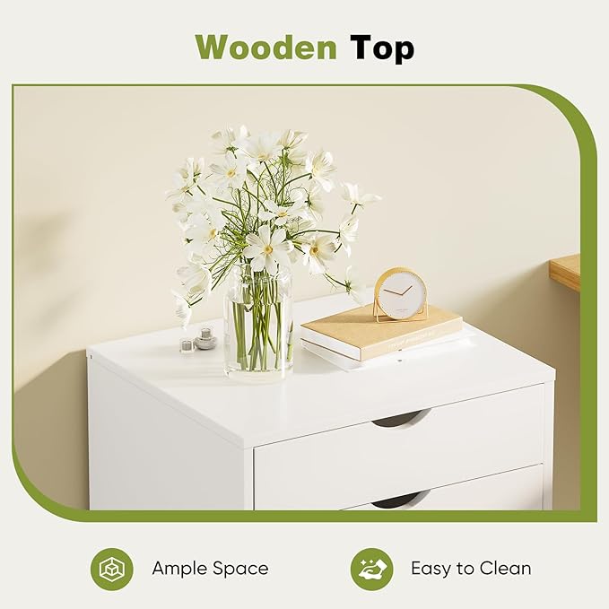 Sweetcrispy 5 Drawer Chest Mobile Storage Cabinets Small Wooden Dresser with Wheels Room Organization Furniture for Office Home, White Wood
