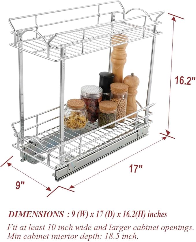 OCG Slide Out Cabinet Organizer for Narrow Cabinet (9" W X 17" D), 2 Tier Pull Out Shelves Slim Sliding Cabinet Organizer and Storage, Chrome