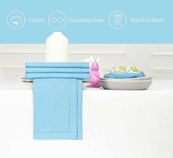 PurpleEssences Set of 12 Hemstitch Cloth Dinner Napkins 100% Cotton - Soft Durable Washable - Ideal for Wedding Spring Easter Summer - Perfect Everyday Use Table Linen 18x18 - Aqua Blue