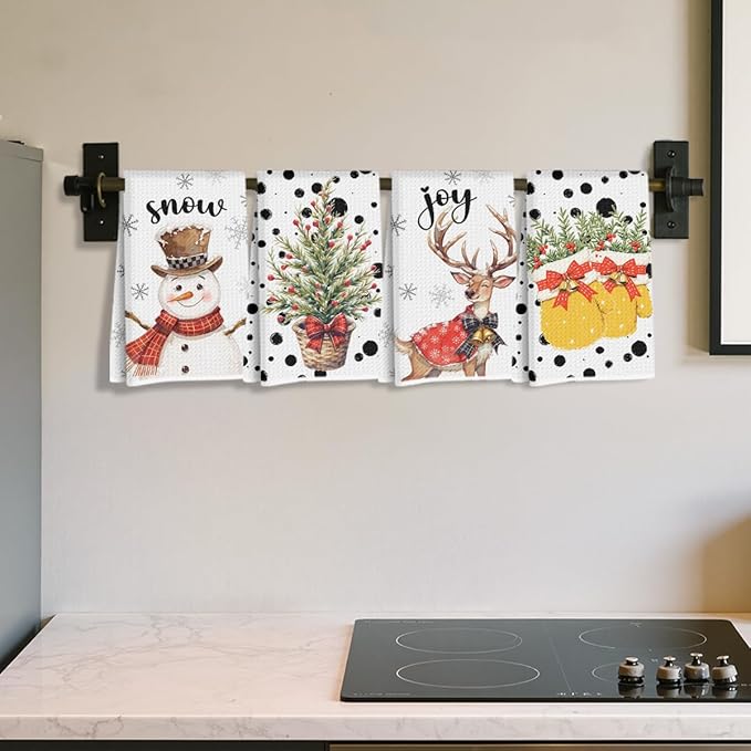 4 Pcs Christmas Kitchen Towels, Merry Christmas Tree Reindeer Tea Hand Towel, Microfiber Dish Cloths for Drying Dishes, Waffle Dish Towels for Kitchen Home Decor, for Women Mom