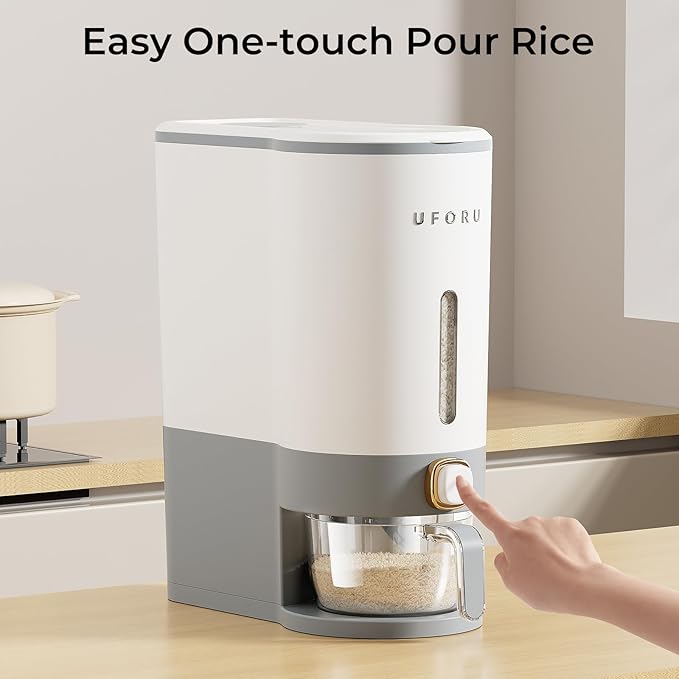 Rice Dispenser, Rice Storage Container with Measuring Cup for Kitchen Pantry Household, Cereal Dry Food Storage Containers Airtight, Sealed Moisture Proof, (Gray 22 Lbs)