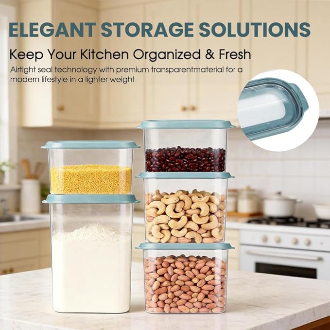 OMIO 5-Piece Airtight Food Storage Containers Set | BPA-Free Plastic Canisters with Easy Snap Lids for Dry Food, Pantry, Kitchen | Organize Cereal, Grains, Snacks, Flour, Sugar