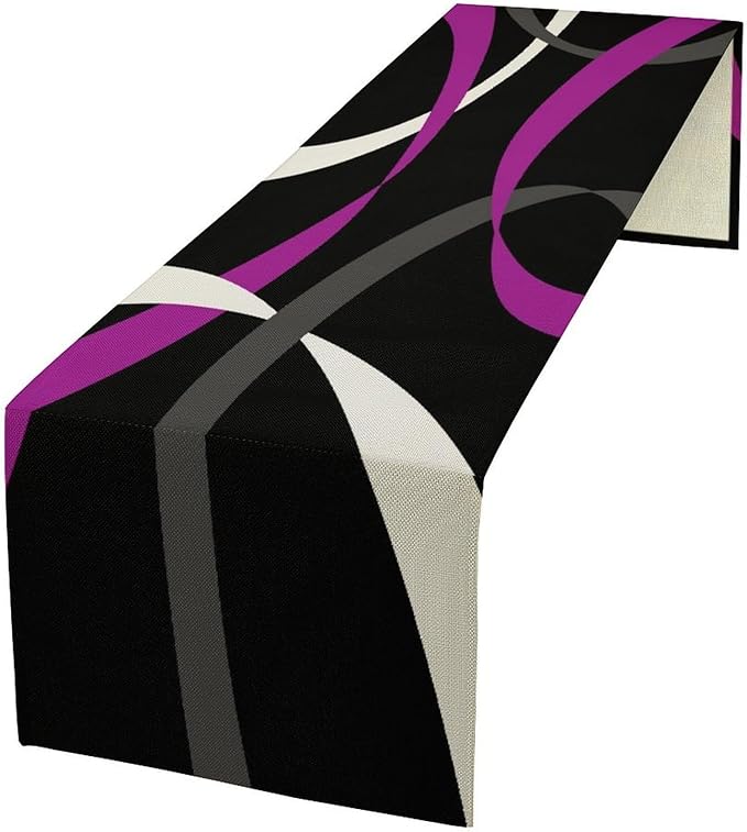 Abstract Geometric Table Runner Purple Grey White Striped Black Background Modern Kitchen Dinner Runner for Indoor Home Living Room Party Dining Table Decoration 13"x120"