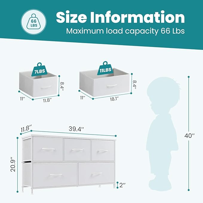 OLIXIS Dresser for Bedroom with 5 Drawers, Wide Chest of Drawers, Fabric Bedroom Dresser with Drawer Organizers, Storage Organizer Unit with Fabric Bins for Closet, Living Room, Hallway, Classic White