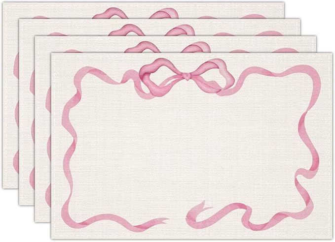 Pink Bow Linen Placemats Set of 4, Wedding Waterproof Washable Heat Resistant Place Mats 12x18 Inch, Table Mat for Restaurant Outdoor Indoor Home Kitchen Party Dining Decoration-10