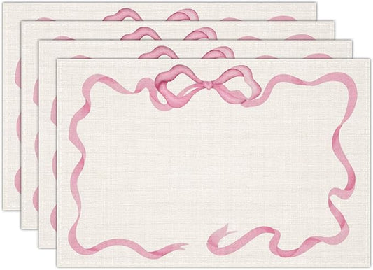 Pink Bow Linen Placemats Set of 4, Wedding Waterproof Washable Heat Resistant Place Mats 12x18 Inch, Table Mat for Restaurant Outdoor Indoor Home Kitchen Party Dining Decoration-10