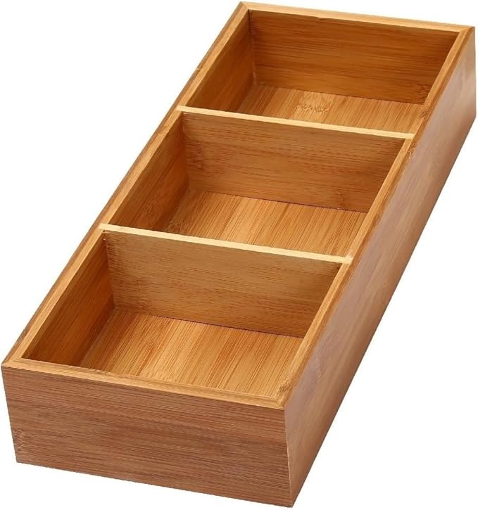 YBM HOME 3-Compartment Bamboo Drawer Organizer Box Multi-Use Storage for Junk Drawer, Office, Home, Kitchen, Bedroom, Children Room, Craft, Sewing, and Bathroom, 6x15x2.5 Inch