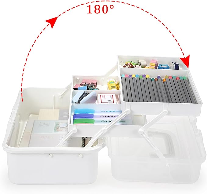 BTSKY 3-Layer Plastic Dividing Storage Box Craft Organizer with Adjustable Spacers Portable Handled Art Supply Organizer Multipurpose Home Utility Box for Medicine Box Sewing Box (Beige White)