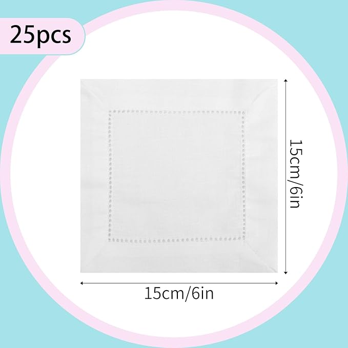 25pcs Linen Cocktail Napkins for Embroidery, 15x15cm/6x6in Reusable Small Cotton Napkins Cream Fabric Coasters for Wedding Birthday Baby Shower Party Home Bar Beverage Supplies