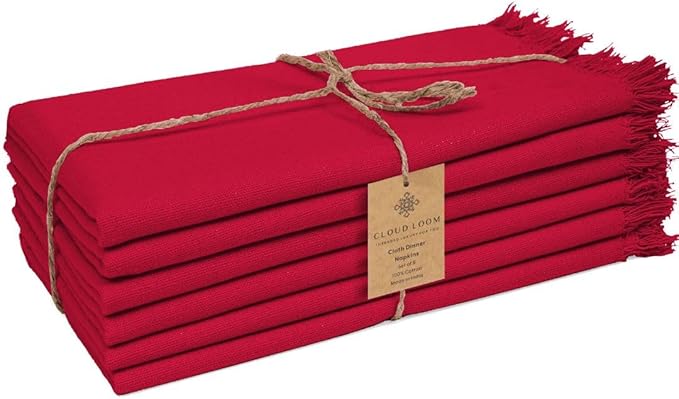 Set of 6 Dinner Napkins Fringes 100% Cotton - Soft Durable Reusable - Perfect for Dining Weddings Parties Holidays Easter Christmas and Everyday Use Table Napkins - 20x20 Inch Napkins Red