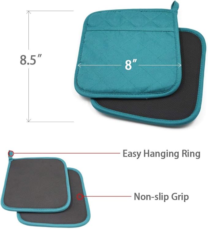 2Pcs Cotton and Neoprene Oven Pads Pot Holders with Pocket 8"x8.5" Dual-Function Hot Pad Set for Finger Hand Wrist Protection Heat Resistant to 428°F Teal,Green