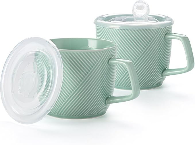 Ceramic Soup Bowl with Lid & Handle: 32 oz Microwave Safe Food Container for Ramen Noodles Cereal Leftovers - Extra Large Mugs for Breakfast Lunch Picnic Camping - Mint Green, Set of 2