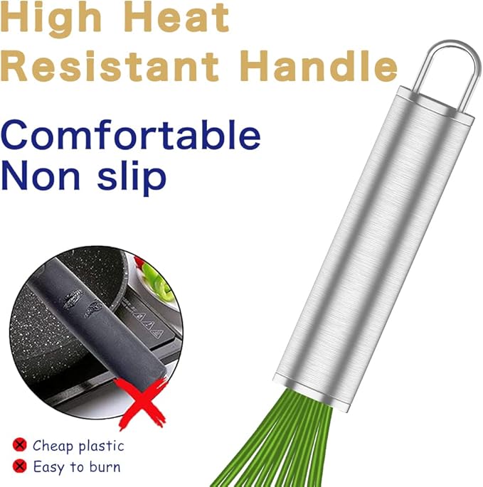 OYV Silicone Whisk,Professional Whisks For Cooking Non Scratch,Stainless Steel & Silicone Wisk,Plastic Rubber Whisk Tool For Nonstick Cookware Pans,Silicon Wisks Set of 3,Green.