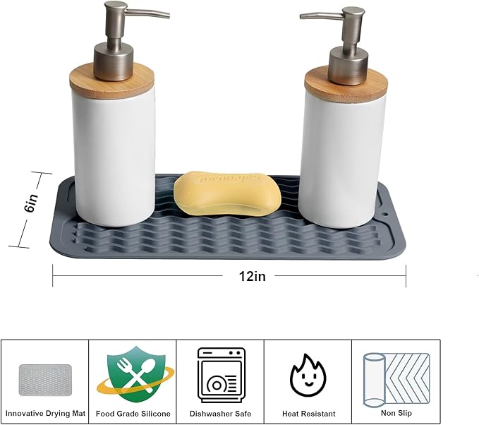 ZLR 2 Pcs Silicone Sponge Holder & Sink Caddy Tray (6" x 12") - Narrow Dish Drying Mat for Kitchen Counter - Waterproof Soap Dispenser Organizer, Non-Slip Bathroom Vanity Tray (Dark Gray)