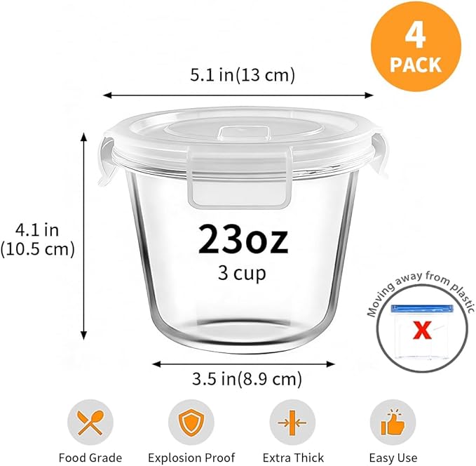 H.JSS WDJS 3Cup Round Glass Food Storage Containers with Airtight lids, 23oz Glass Meal Prep Containers, Heat-Resistant BPA-Free for Soup Leftover, Microwave, Dishwasher and Fridge Safe (white-4Pack)