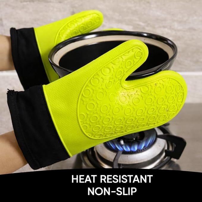 2PCS Green Professional Extra Large Silicone Oven Mitts and Pot Holders – Heat Resistant Kitchen Gloves, Baking Mittens, and BBQ Holders for Cooking, Grilling, and Baking