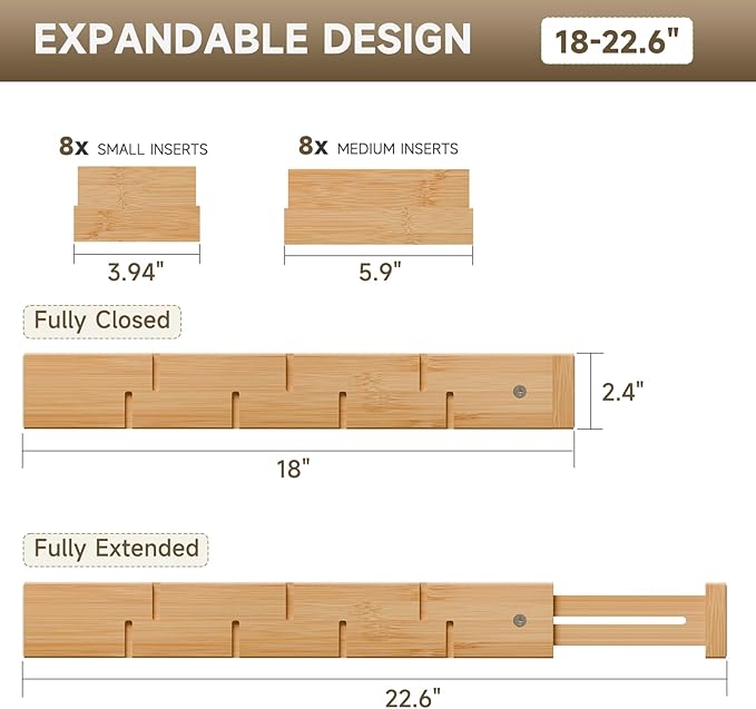 Bamboo Drawer Dividers, Expandable Kitchen Drawer Organizer, Include 8 Dividers, 8 Small Inserts and 8 Medium Inserts for Home, Office, Dressers (Short-8 Dividers)