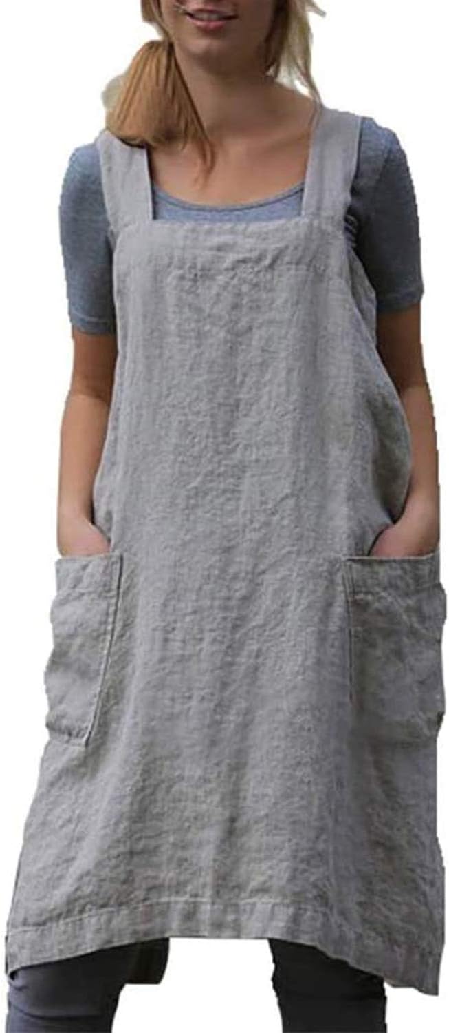 VLZUFE Cotton Linen Apron for women Cross Back Apron Pinafore Dress for Baking Cooking Gardening Work