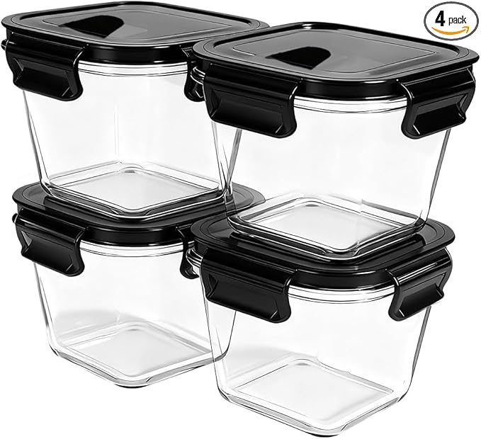 H.JSS WDJS 32oz Square Glass Food Storage Containers with Lids, 4 Cup Glass Soup Containers, Heat-Resistant BPA free Square Meal Prep Bowls for Microwave, Freezer, Dishwasher safe (4Packs)