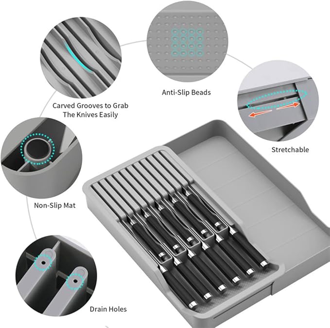 RIIPOO Expandable Knife Organizer for Drawer - Retractable and Adjustable Knife Block Holder Insert, Secure Storage Tray for Kitchen Countertop Organization