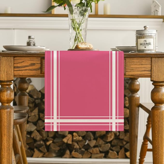 Artoid Mode Pink Beige Simple French Stripe Table Runner, Seasonal Spring Summer Kitchen Dining Table Decoration for Home Party Decor 13x72 Inch