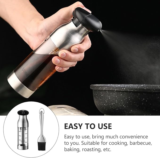 Stainless Steel Oil and Vinegar Spray Bottle Set Dual-head Mist and Press Dispenser with Oil Brush Kitchen Cruet for Cooking and Salad Dressing