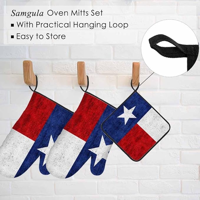 Flag Oven Mitts and Pot Holders Sets Blue Red White Star Retro Heat Resistant 3pcs for Cooking Baking BBQ