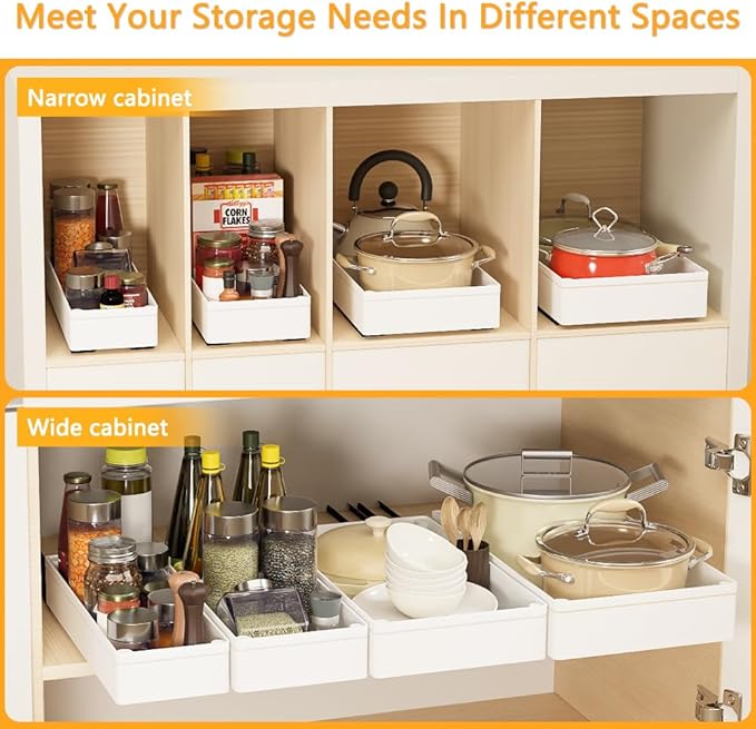 4 Pack Pull Out Cabinet Organizer, 15.8'' Deep Pull Out Drawers for Cabinets with Metal Slides, Slide Out Drawers for Kitchen Fixed with Nano Adhesive, Roll out Shelves for Bathroom, Pantry (White)